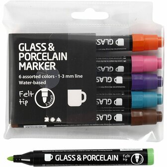 Glas- en porseleinstiften, extra kleuren, lijndikte 1-3 mm, semi-dekkend, 6 stuk/ 1 doos