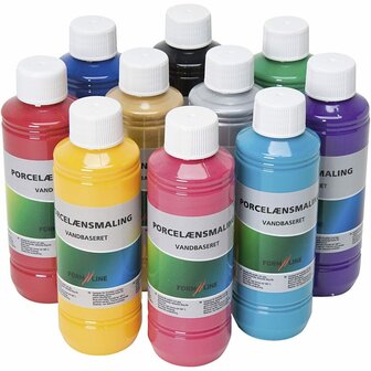 Glasverf - Porseleinverf - Diverse Kleuren - Vanbaseret - Decoreren Porselein - Vaatwasmachinebestendig - 250ml - 10 Stuks - Fixeren op 160&deg;C