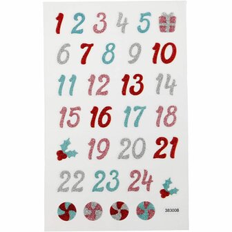 Glitter Stickers - Advent Cijfers - Zelfklevende Glinster Stickers - Feestelijke Versiering - Decoratieve Plakstickers - Luxe Knutselstickers - DIY Wenskaarten &amp; Scrapbooking - 10x16 cm - 1 Vel