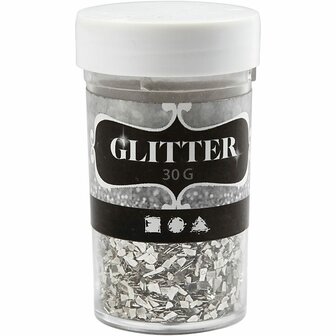Glitter, zilver, afm 1-3 mm, 30 gr/ 1 Doosje