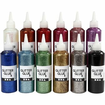 Glitterlijm - Assortiment Kleuren - Decoratieve Glitterlijm - Hoogwaardige Kwaliteit - Sneldrogend - Geleverd in een Handige Fles met Tekenpunt - Geschikt voor DIY, Hobby &amp; Kaarten Maken - 12x118 ml