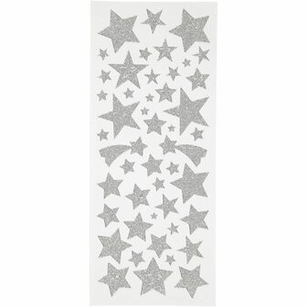 Glitterstickers - Zilveren Sterren - Decoratieve Glitterstickers - DIY Stickers Voor Decoratie - Hobby Glittermateriaal - Stervormige Stickers - 10x24cm - 2 Vel