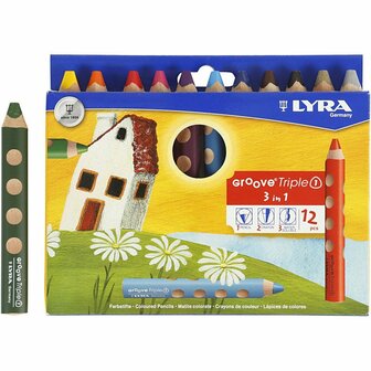 Groove Triple1 Kleurpotloden - 3-in-1 Aquarel, Waskrijt &amp; Kleurpotlood - Ergonomisch - Driehoekige Grip - 12 Kleuren - 12 cm - 10 mm Vulling - Inclusief Puntenslijper - Veelzijdige Kleuren voor Creati