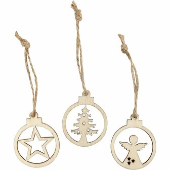 Hangende Kerstdecoratie - Set van 24 - Houten Kerstornamenten - 3 cm - Licht Hout met Donkere Randen - Geschikt voor Versieren, Schilderen, Houtbranden &amp; DIY Feestdecoratie
