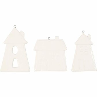 Hangende ornamenten, wit, huizen, H: 7,6-9,7 cm, 3 stuk/ 1 doos
