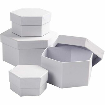 Hexagonale Dozen - Zeshoekige Houten Dozen - Opbergdozen Set - Witte Decoratieve Dozen - DIY Bewaardozen - Hoogte 4+5+6+7cm - Diameter 6,5+8+10+12cm - 1 Set