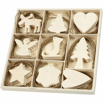 Houten decoraties, Kerst, afm 7-8 cm, 72 stuk/ 1 doos