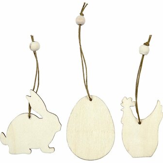 Houten decoraties, konijn, ei, kip, afm 6 cm, dikte 3 mm, 9 stuk