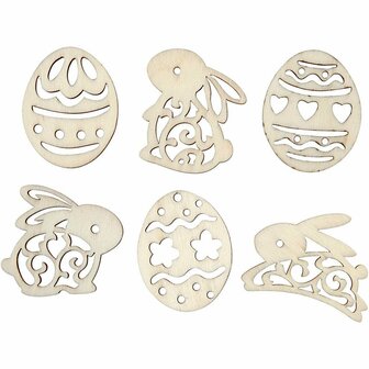 Houten Paasfiguren - DIY Houten Decoratie - 40 mm Hoog - 3 mm Dikte - 24 Stuks - Set met 6 Designs