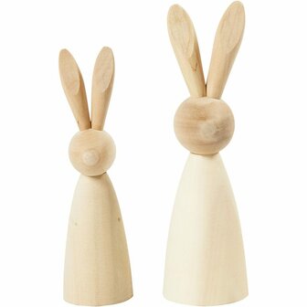 Houten Konijnen - Set van 2 - Licht Hout - DIY Decoratie - 12 cm en 14 cm Hoog - Populieren Hout