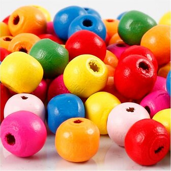 Houten kralen mix, diverse kleuren, d 10 mm, gatgrootte 2,5-3 mm, 22 gr/ 1 doos