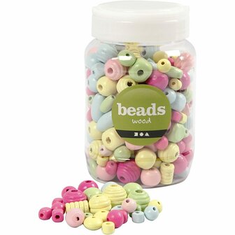 Houten Kralen - Lichtblauw, Lichtgroen, Lichtrood, Lichtgeel - Sieraden Houten Kralen - DIY Grote Kralen - Diameter 10-15mm - Gatgrootte 3-5mm - 400ml - 1 Emmer