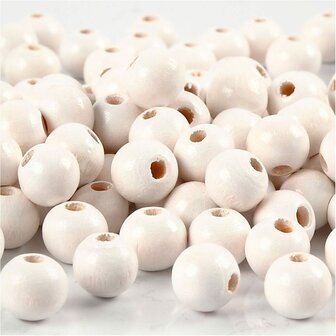 Houten kralen, wit, 80 stuk, d 8 mm, gatgrootte 2 mm, 15 gr