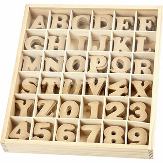 Houten letters &amp; cijfers, H: 4 cm, dikte 2,5 mm, 288 stuk/ 1 doos