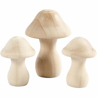 Houten paddestoelen, d 3,3+4,5 cm, afm 4,5+6,5 cm, 3 stuk/ 1 doos