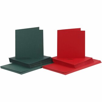Kaarten en Enveloppen - Groen, Rood - Groen, Rood - 15x15 cm en 16x16 cm - 110+230 gr - 50 sets