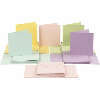 Kaarten en enveloppen, pastelkleuren, afmeting kaart 15x15 cm, afmeting envelop 16x16 cm, 110+220 gr, 50 set/ 1 doos