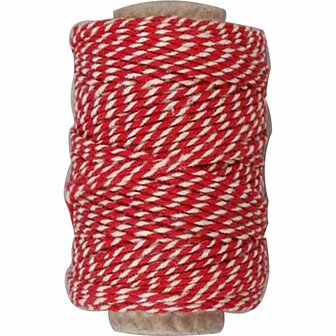 Rood/Wit Katoenkoord - Gestreept Geschenkkoord - Decoratief Hobby Touw voor Inpakken, DIY Handwerk &amp; Kerstdecoraties - 1,1 mm Dikte - 50 m Rol