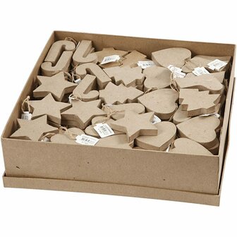 Kersthangers - Kerstdecoratie - Handgemaakte Kerstversiering - Papier-mach&eacute; Kerstvormen - Kerstversiering Hangers - Kerstboomversiering - 6 Vormen - 174 Stuks - Jute Ophanglus