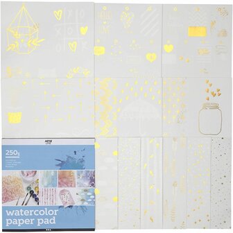 Aquarel Kleurboek - Waterverf Tekenblok met Goudfolie Motieven - DIY Kleurplaat Set voor Creatieve Kunstprojecten - 30,5x30,5 cm - 12 Vellen