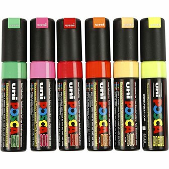 Krijtstift - Chalkmarker - Universele Marker - Uni Posca Marker - Diverse Kleuren - PC- 8K - 8mm - Beitelpunt - Large - 6 stuks