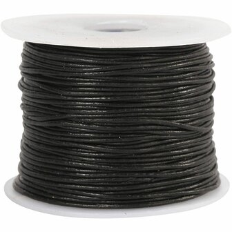 Leerkoord - Zwart Leren Koord - Hobbykoord Van Leer - Leather Cord - Draad Voor Sieraden Maken - Macram&eacute; Koord - Zwart - Dikte 1mm - Lengte 50m - 1 Rol