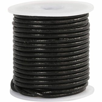 Leerkoord - Zwart Leren Koord - Hobbykoord Van Leer - Leather Cord - Draad Voor Sieraden Maken - Macram&eacute; Koord - Zwart - Rond - Dikte 2mm - Lengte 10m - 1 Rol