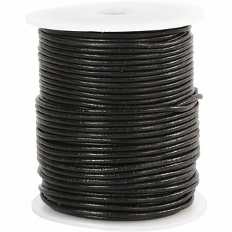 Leerkoord - Zwart Leren Koord - Hobbykoord Van Leer - Leather Cord - Draad Voor Sieraden Maken - Macram&eacute; Koord - Zwart - Echt Leer - Dikte 2mm - Lengte 50m - 1 Rol