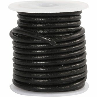 Leerkoord - Zwart Leren Koord - Hobbykoord Van Leer - Leather Cord - Draad Voor Sieraden Maken - Macram&eacute; Koord - Zwart - Dikte 3mm - Lengte 5m - 1 Rol