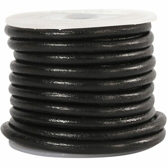 Leerkoord - Zwart Leren Koord - Hobbykoord Van Leer - Leather Cord - Draad Voor Sieraden Maken - Macram&eacute; Koord - Zwart - Dikte 4mm - Lengte 5m - 1 Rol