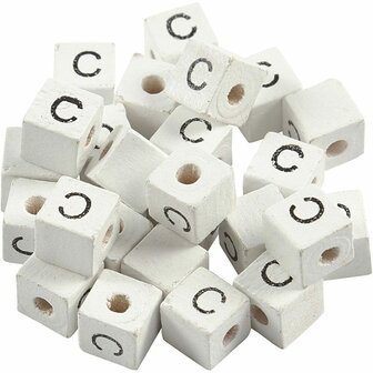 Letterkralen, wit, C, afm 8x8 mm, gatgrootte 3 mm, 25 stuk