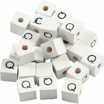 Letterkralen, wit, Q, afm 8x8 mm, gatgrootte 3 mm, 25 stuk
