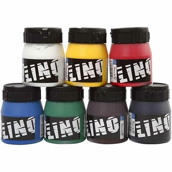Linoleum Verf - Assorti Kleuren - Waterbasis - Dikke Samenstelling - 7x250ml - Kwaliteitsverf voor Linoleum - Ideaal voor Creatieve Projecten