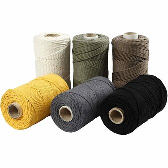 Macram&eacute; koord, diverse kleuren, L: 198 m, d 2 mm, 6x330 gr/ 1 doos