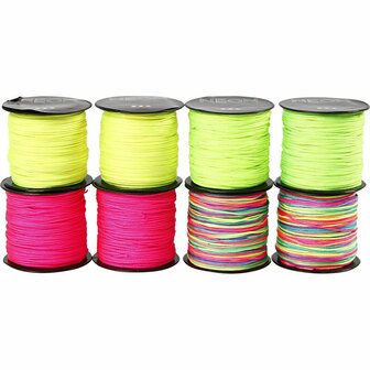 Macram&eacute; koord, neon groen, neon roze, neon geel, neonmix, dikte 1 mm, 8x28 m/ 1 doos