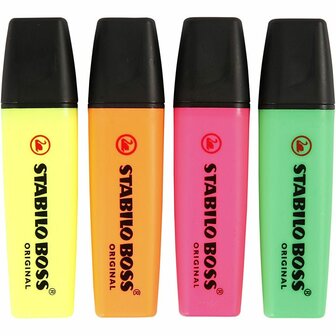 Markeerstiften, neon groen, neon oranje, neon roze, neon geel, 4 stuk