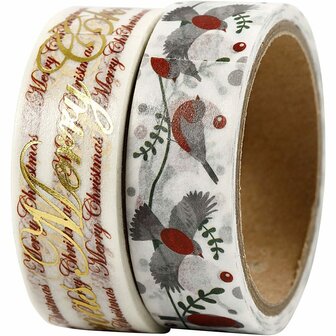 Masking Tape, Merry Christmas en vogels - folie, B: 15 mm, 2x4 m/ 1 doos