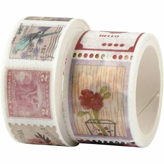 Masking tape, stempel- en bloemmotieven, L: 3+5 m, B: 20+25 mm, 2 rol/ 1 doos