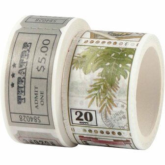 Masking Tape Set - Tickets &amp; Natuurmotieven - Decoratieve Washi Tape - DIY Scrapbooking - Cadeauversiering - DIY Knutselen - Breedte 20+25mm - Lengte 3+5m - 2 Rollen