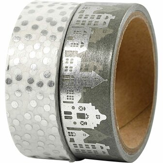 Masking Tape, zilver, huizen en stippen - folie, B: 15 mm, 2x4 m/ 1 doos