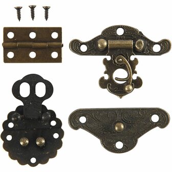 Mini beslag - Antiek goud - Metalen beslag - Sluitingen - Scharnieren - DIY beslag - 10 sets - Inclusief schroeven - 30-35 mm