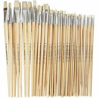Nature Line Kwasten - 6 Luxe Varkensharen Kwasten - Extra Lange Houten Steel - Geschikt voor Acryl- &amp; Olieverf - 27,5 - 33 cm - 5-19 mm Breed