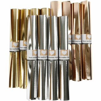 Faux Leather Papier &ndash; Leerpapier Set &ndash; Geweven Stof Leren Papier &ndash; Papier in Goud Ros&eacute; Goud Zilver &ndash; Hoogwaardig Leerpapier &ndash; Wasbaar Leerpapier &ndash; 3 Kleuren &ndash; 12x1 m