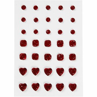 Strasstenen, rood, rond, vierkant, hart, afm 6+8+10 mm, 35 stuk/ 1 doos