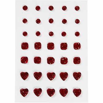 Strasstenen, rood, rond, vierkant, hart, afm 6+8+10 mm, 35 stuk/ 1 doos