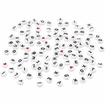 Letterkralen - Kralen met Zwarte Letters - Rond Wit - Diameter 7mm - Gat 1,2mm - DIY Sieraden - 200 Stuks