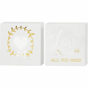 Canvas met goudkleurige motieven, wit, H: 10,16 cm, D: 2,54 cm, 2 stuk/ 1 doos