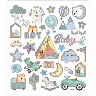 Stickers Baby Boy - Blauw, Grijs, Groen - 30 Stuks - Thema Auto, Beer, Vosjes en Maan - Ideaal voor Babyshower Decoratie, Geboortekaarten en DIY Knutselprojecten