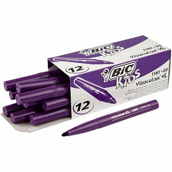 Stiften Paars - Paarse Viltstiften - Kleurstiften - Tekenstiften - Stiften Met Dikke Punt - Waterbasis - Premium Kwaliteit - Kindvriendelijke Stiften - Lijndikte 3mm - BIC Visa Color - 12 stuks