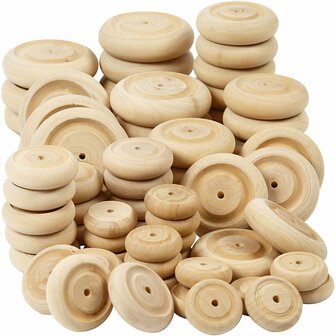 Wielen Van Hout - Kleine Houten Wielen - DIY Houten Wieltjes Met Gat En Afgeronde Randen - Diameter 24+30+42+50 mm - 4x40 Stuks